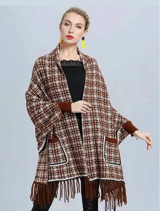 Cashmere Feeling Designer Inspired Sleeved Cape with Pockets